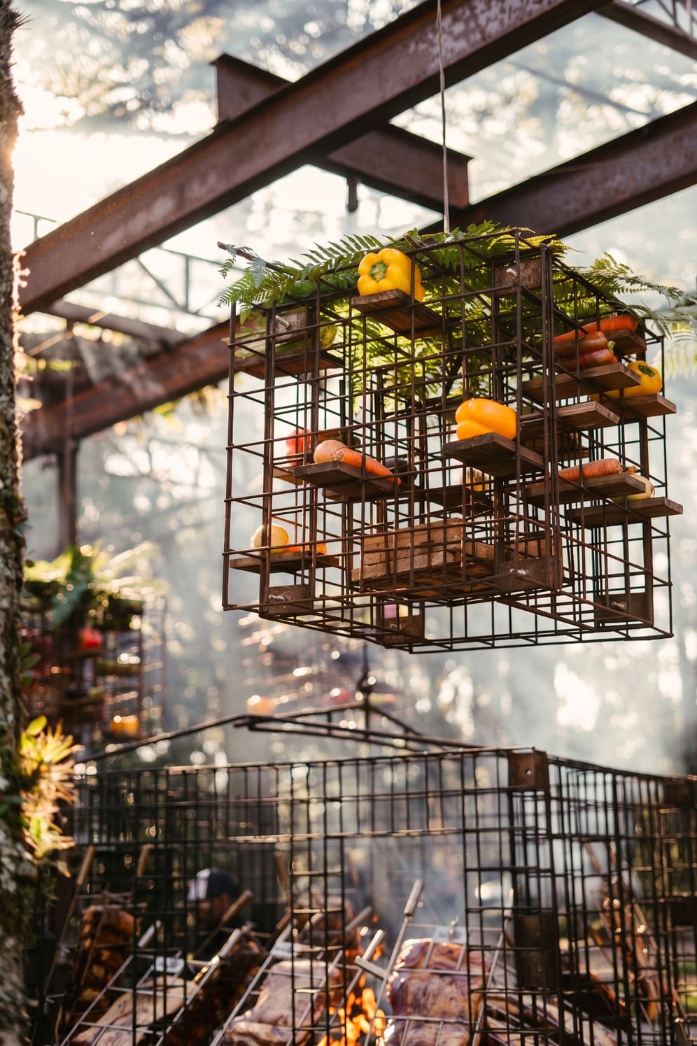 Cubo de ferro suspenso com legumes